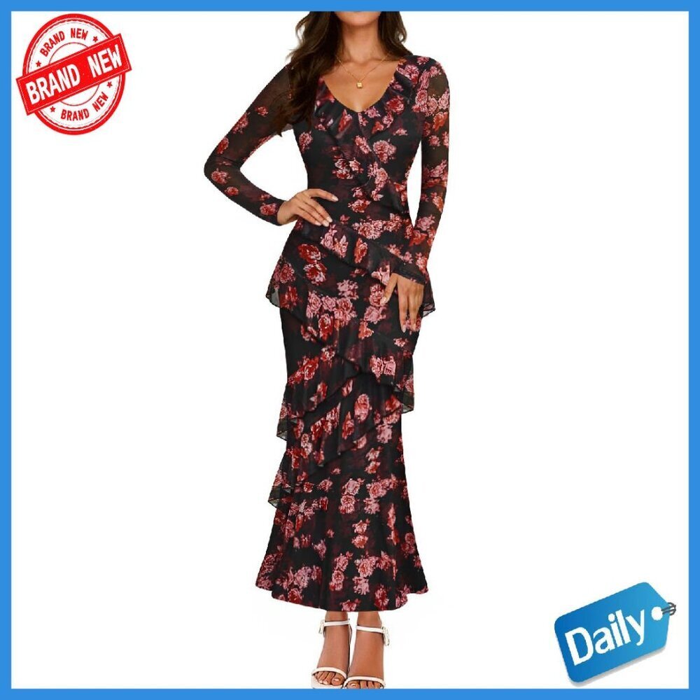 Long Sleeve Maxi Dress Floral Bodycon Tiered Ruffle Formal Fall